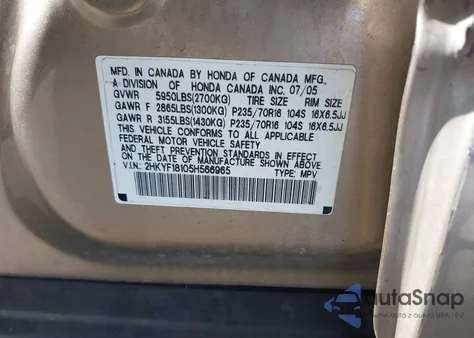 2005 Honda Pilot Lx z USA, uszkodzony, nr VIN 2HKYF18105H566965